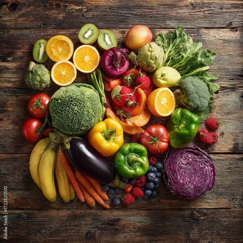 Wallpaper Mural Vibrant Colorful Fruits and Vegetables on Rustic Wooden Background Torontodigital.ca