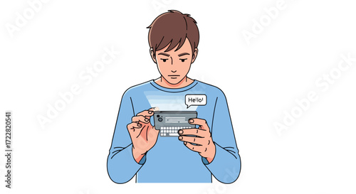 Young man interacting with augmented reality message interface on his phone with a focused expression for digital communication
