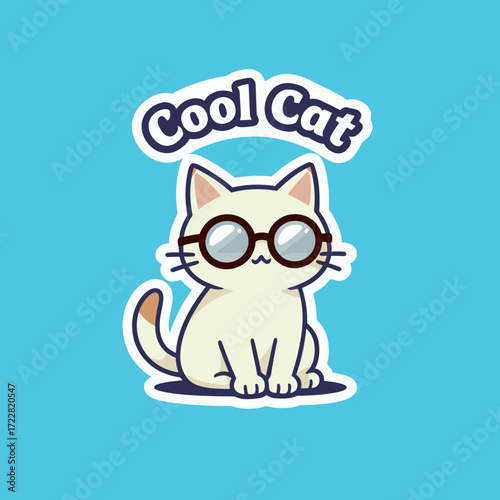 A cool and stylish cat sticker with round glasses, sitting and looking sophisticated, with a "Cool Cat" text label floating above it, ideal for pet-related or fashion-forward visuals.