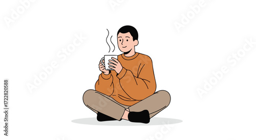Illustration of a serene man enjoying a hot beverage while meditating indoors, promoting mindfulness and relaxation in a digital artwork