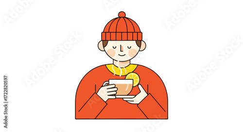 Illustration of a cheerful person enjoying a warm beverage with lemon during chilly days, isolated in plain white background and wearing warm clothes