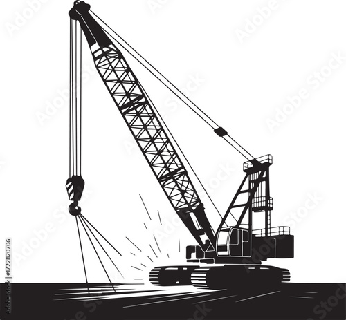 Black vector illustration of a crawler crane lifting a hook heavy machinery construction