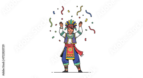 Cheerful illustration of a man celebrating with confetti and traditional attire expressing cultural pride and jubilant festivity amidst vibrant