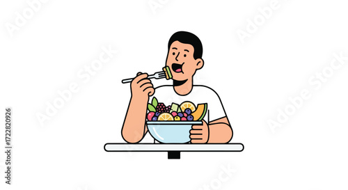 Cartoon man enjoying a fresh fruit salad, illustrating healthy eating habits and a balanced lifestyle, emphasizing wellness and nutrition choices