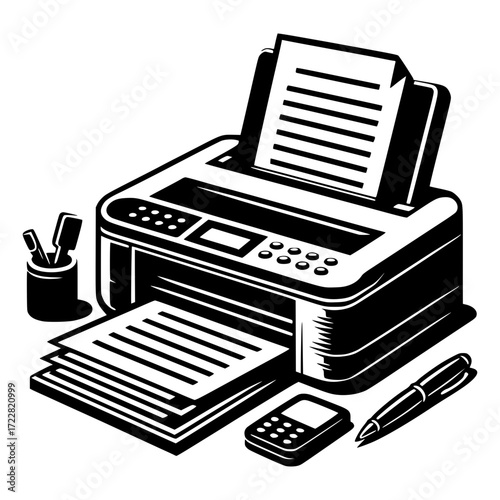 Office scanner with paper documents and pen black vector icon with transparent background 