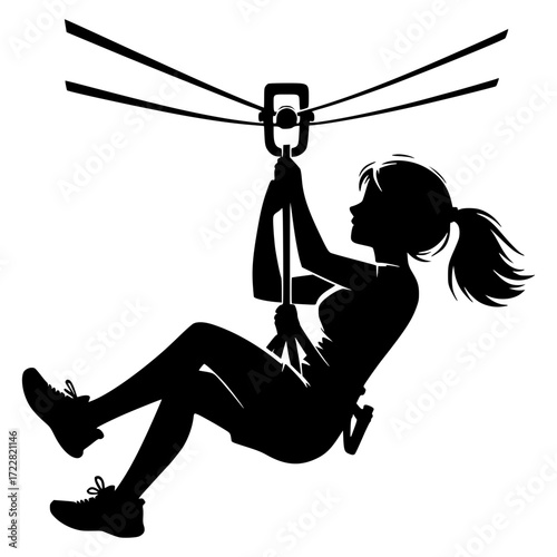 girl riding on a zip line black vector icon with transparent background 
