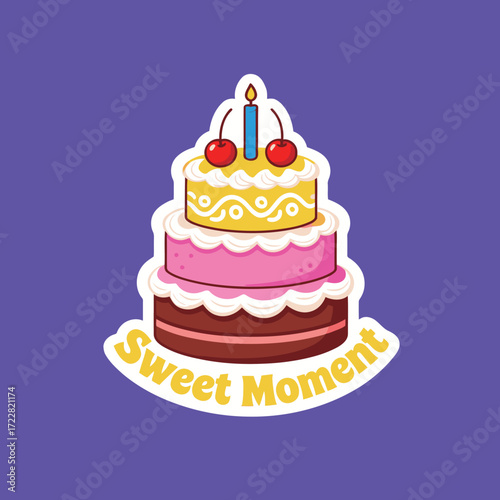 A delightful three-tiered birthday cake sticker with cherries and a candle, featuring a "Sweet Moment" banner, ideal for celebrating special occasions and festive designs.