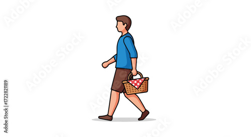 Isolated illustration of a man walking with a picnic basket against a white background showing leisure activity enjoying sunshine and the outdoor
