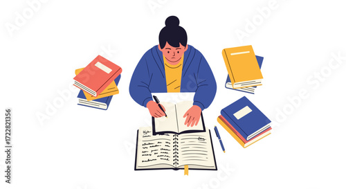 Concentrated student surrounded by books engrossed in writing and studying for university examinations or academic assignments needing focus