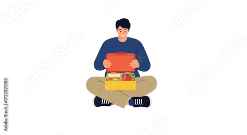Illustrated man in casual clothing seated cross-legged displaying his opened lunchbox with a sandwich and apple, isolated on white visual concept