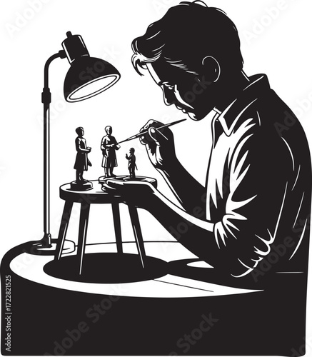 Hobbyist Miniature Painter Vector Silhouette Illustration