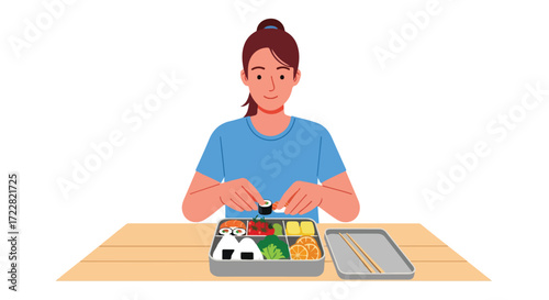 Woman preparing a healthy lunch box with onigiri, sushi rolls, various fruits, and vegetables for a balanced and nutritious meal