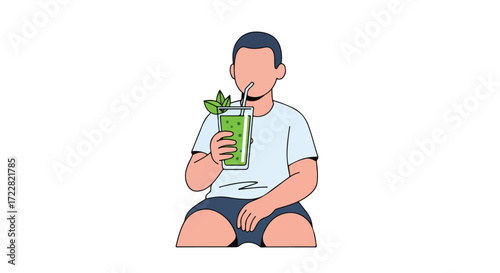 Young boy savoring a refreshing green smoothie drink with vibrant mint garnish isolated on white illustration art