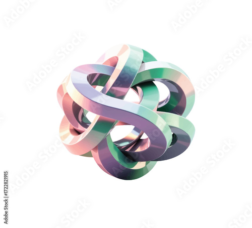 Dynamic iridescent knot, a modern abstract design element perfect for technology, science, or futuristic themes, adding a sleek and innovative touch to any project.