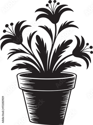 Potted Plant Illustration Flowers Pot Black And White