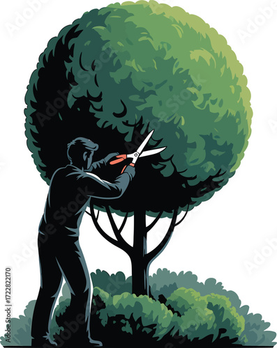 Gardener Pruning Tree Silhouette Garden Maintenance Horticulture Vector Illustration