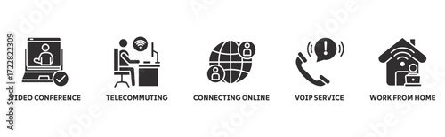 Remote Working icon set illustration illustration concept with icon of video conference, telecommuting, connecting online, voip service, work from home 