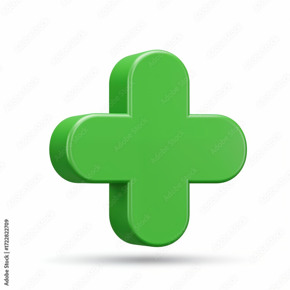 Fototapeta premium Medical Cross Icon: A vibrant three-dimensional green cross symbol, representing healthcare, medical assistance, and positivity in a clean, modern design.