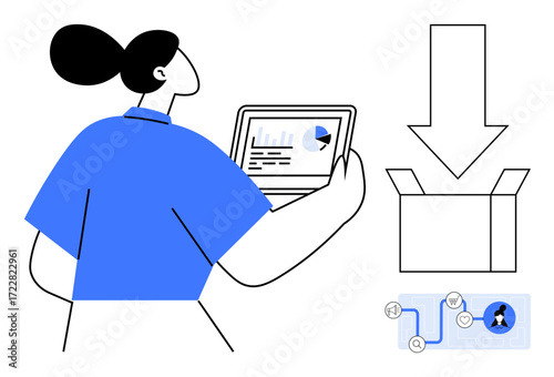 Woman analyzing chart on tablet alongside a box and arrow suggesting packaging, connected process icons. Ideal for logistics, analysis, workflow, delivery, management, efficiency, organization