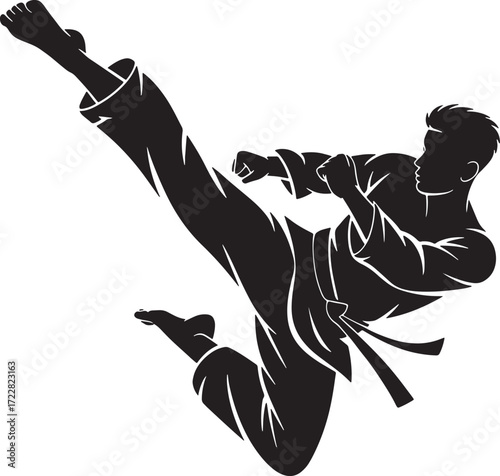 Karate Athlete Kick Silhouette Vector Illustration. Martial Arts Fight Competition