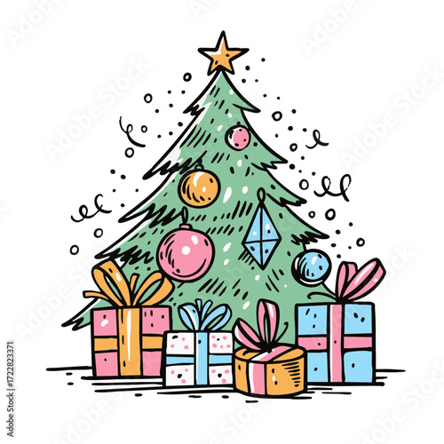 A beautifully decorated Christmas tree with colorful presents that brings joy to the season