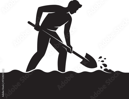 Silhouette Man Working With Shovel Digging Soil Field Agricultural Worker Black Vector