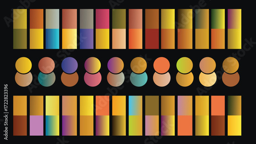 Color Palette Gradient Chart with Rectangles and Circles on Black Background