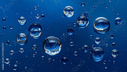 Water drops scattered across a smooth blue background, viewed directly from above, creating refreshing patterns of clarity, simplicity, purity, light reflection, natural elegance, calm mood, hydration