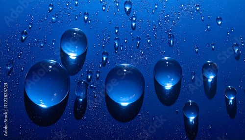 Water drops scattered across a smooth blue background, viewed directly from above, creating refreshing patterns of clarity, simplicity, purity, light reflection, natural elegance, calm mood, hydration