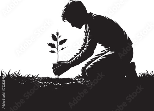 Silhouette Gardener Planting Sapling in Soil Illustration of Sustainable Future Vector