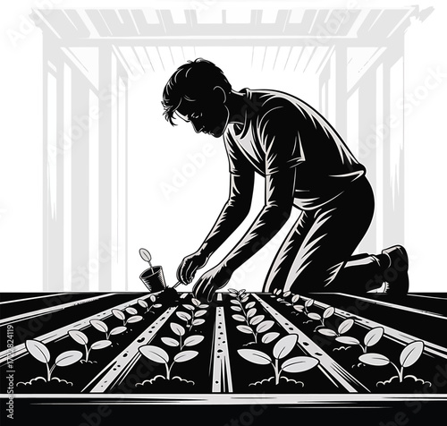 Silhouette of Man Planting Seedlings in Greenhouse Garden Cultivation Vector