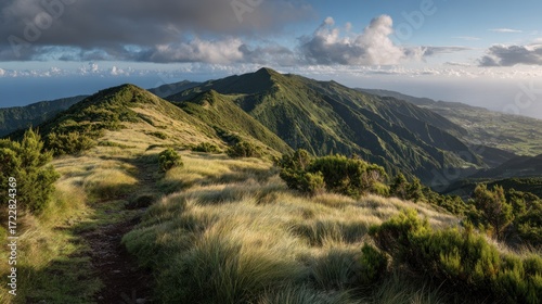 Scenic Mountain Landscape with Lush Greenery and Blue Sky