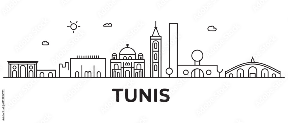 Fototapeta premium Tunis Line Art skyline banner. Tunis City. with white background
