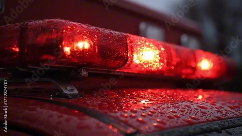 Close-up of wet red emergency lights flashing on an ambulance or fire truck roof.