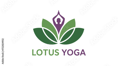 Lotus yoga logo design serene green and purple abstract figure in lotus bloom emblem