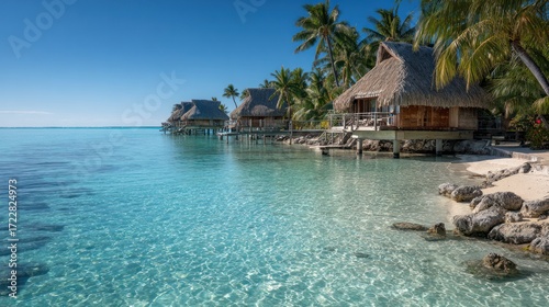 Serene Tropical Paradise with Overwater Bungalows and Crystal Waters