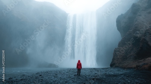 Person in Red Jacket Standing Before Majestic Waterfall in Mist
