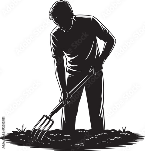 Gardener Working Soil with Pitchfork Silhouette Black Isolated Vector Illustration