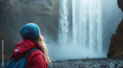 Young Woman Exploring Majestic Waterfall in Misty Landscape