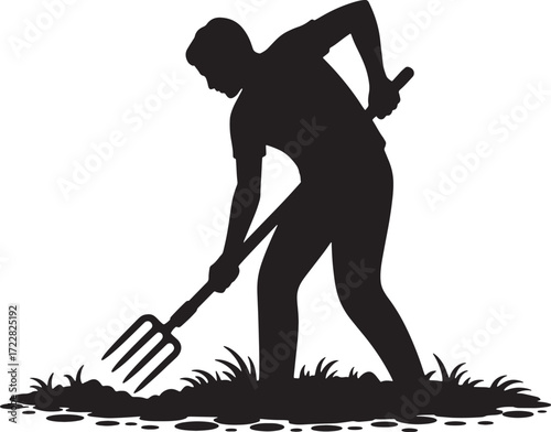 Gardener Working with Pitchfork Silhouette Vector Illustration Black Isolated Icon