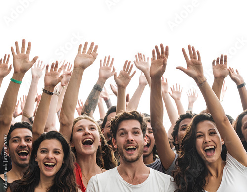 Cheering Audience from Side Angle with Raised Hands, Layered Depth, Isolated on Transparent Background.