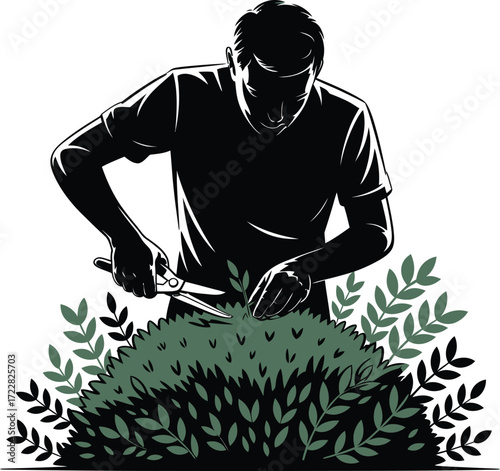 Silhouette Gardener Trimming Bush Hedge Plant Landscape Gardening Pruning