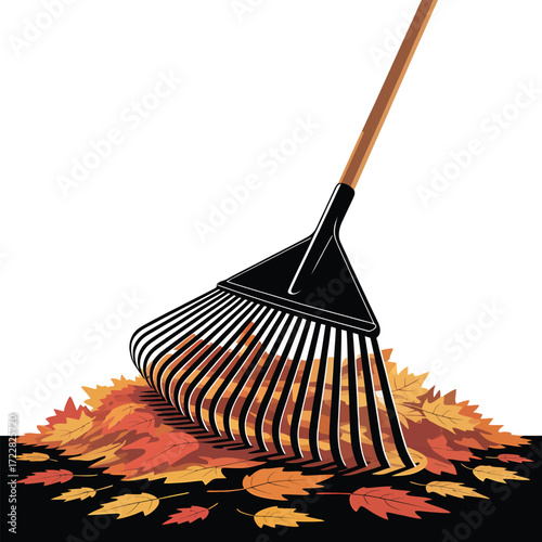 Raking Autumn Leaves Illustration Rake Pile of Fall Leaves Seasonal Gardening Vector