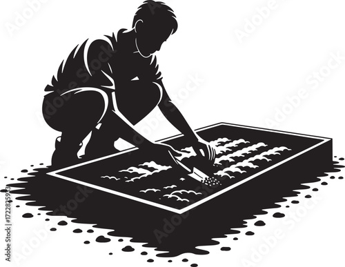 Silhouette Man Planting Seeds In Raised Garden Bed Horticulture Vegetable