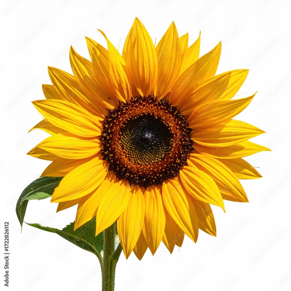 Fototapeta premium A radiant sunflower in full bloom, showcasing vibrant yellow petals surrounding a dark, intricate center, complemented by green leaves against white