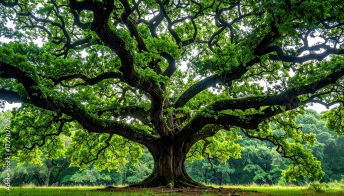 Giant, ancient oak tree with lush green foliage, stretching its thick, gnarled branches against a bright, slightly cloudy sky