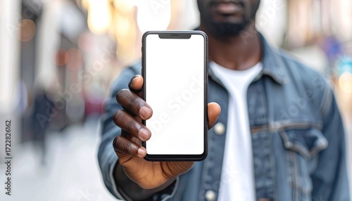 A dark-skinned person holds a black smartphone with a blank white screen, blurred city background. Denim jacket is visible
