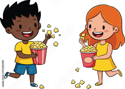 Happy cartoon children eating popcorn together, fun snack moment, multicultural kids enjoying movie treat, cheerful vector illustration for festive content