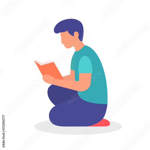 Young man sitting on knees while reading a book. Flat colorful character in modern vector style