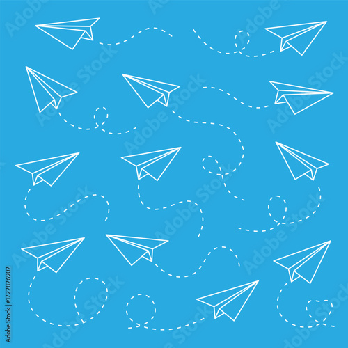 White paper airplanes with dashed flight trails on blue background. Clean vector pattern of air movement